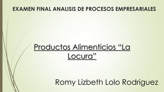 EXAMEN FINAL ANALISIS DE PROCESOS EMPRESARIALES
Productos Alimenticios “La
Locura”
Romy Lizbeth Lolo Rodriguez
 