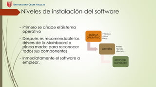 Niveles de instalación del software 
• Primero se añade el Sistema 
operativo 
• Después es recomendable los 
drivers de la Mainboard o 
placa madre para reconocer 
todos sus componentes. 
• Inmediatamente el software a 
emplear. 
SISTEMA 
OPERATIVO 
•Windows 
•Linux 
•Mac 
DRIVERS 
•Video 
•Sonido 
•Red,etc… 
RESTO DEL 
SOFTWARE 
 