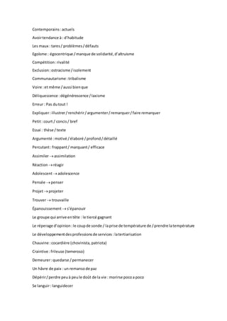 Contemporains :actuels
Avoirtendance à: d’habitude
Les maux : tares/ problèmes/défauts
Egoïsme : égocentrique /manque de solidarité,d’altruisme
Compétition :rivalité
Exclusion :ostracisme /isolement
Communautarisme :tribalisme
Voire :et même /aussi bienque
Déliquescence :dégénérescence /laxisme
Erreur : Pas dutout !
Expliquer:illustrer/renchérir/argumenter/remarquer/faire remarquer
Petit: court / concis/ bref
Essai : thèse /texte
Argumenté :motivé /élaboré /profond/détaillé
Percutant: frappant/ marquant/ efficace
Assimilerassimilation
Réactionréagir
Adolescentadolescence
Pensée penser
Projetprojeter
Trouver trouvaille
Épanouissement s’épanouir
Le groupe qui arrive entête : le tiercé gagnant
Le réperage d’opinion :le coupde sonde / laprise de température de /prendre latempérature
Le développementdesprofessionsde services :latertiarisation
Chauvine :cocardière (chovinista, patriota)
Craintive :frileuse (temeroso)
Demeurer:quedarse /permanecer
Un hâvre de paix : un remansode paz
Dépérir/perdre peuà peule doût de la vie : morirse pocoa poco
Se languir: languidecer
 