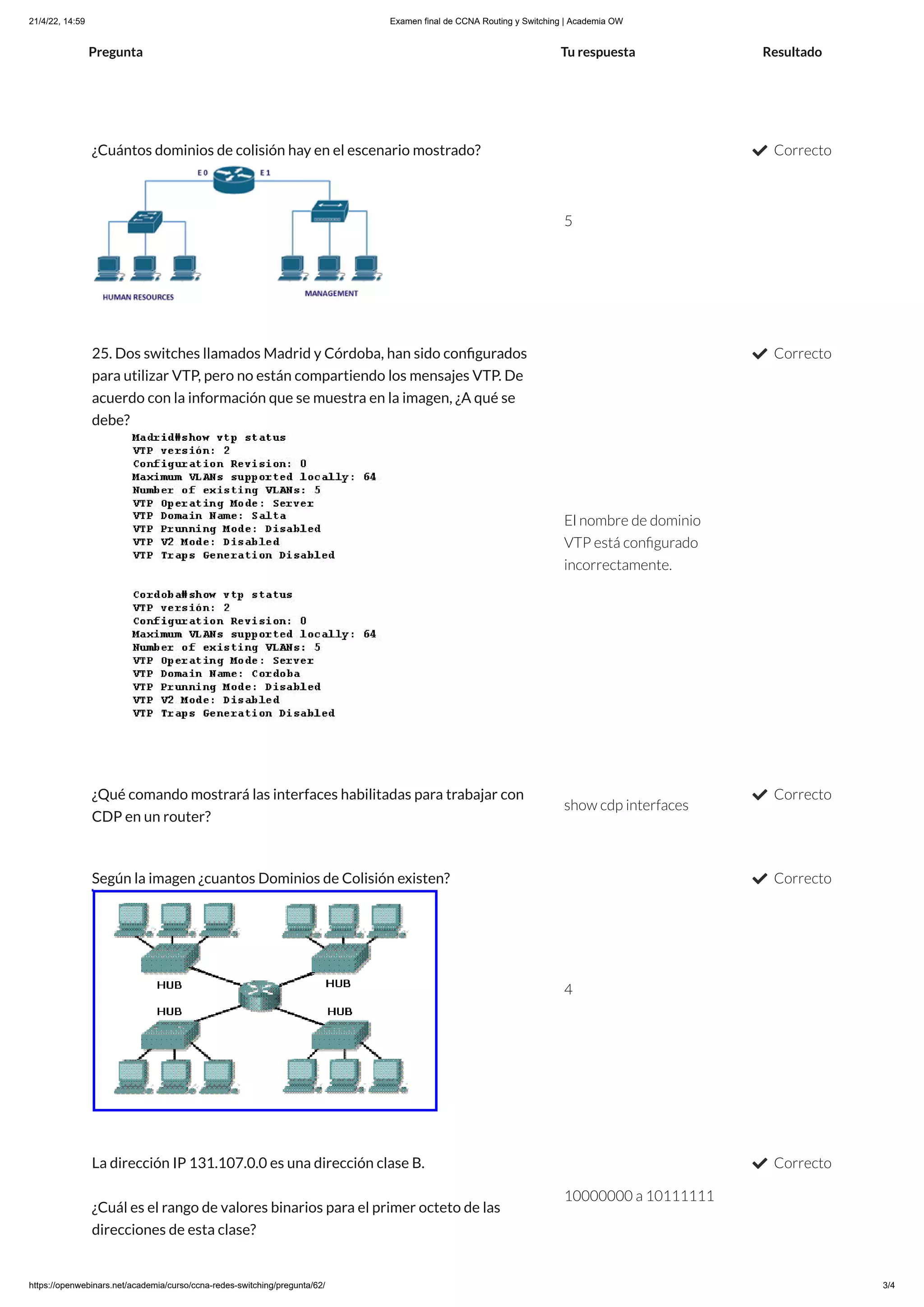 21/4/22, 14:59 Examen final de CCNA Routing y Switching | Academia OW
https://openwebinars.net/academia/curso/ccna-redes-switching/pregunta/62/ 3/4
Pregunta Tu respuesta Resultado
¿Cuántos dominios de colisión hay en el escenario mostrado?
5
 Correcto
25. Dos switches llamados Madrid y Córdoba, han sido configurados
para utilizar VTP, pero no están compartiendo los mensajes VTP. De
acuerdo con la información que se muestra en la imagen, ¿A qué se
debe?
El nombre de dominio
VTP está configurado
incorrectamente.
 Correcto
¿Qué comando mostrará las interfaces habilitadas para trabajar con
CDP en un router?
show cdp interfaces
 Correcto
Según la imagen ¿cuantos Dominios de Colisión existen?
4
 Correcto
La dirección IP 131.107.0.0 es una dirección clase B. 

¿Cuál es el rango de valores binarios para el primer octeto de las
direcciones de esta clase?
10000000 a 10111111
 Correcto
 