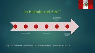 Antiguo Perú
Conquista y
época colonial
Independencia
Era
Republicana
De la República
Aristocrática a
la dictadura
militar
Regreso a la
democracia y
actualidad
política
http://es.slideshare.net/lesliepenasobrino/examen-final-de-computacion-i