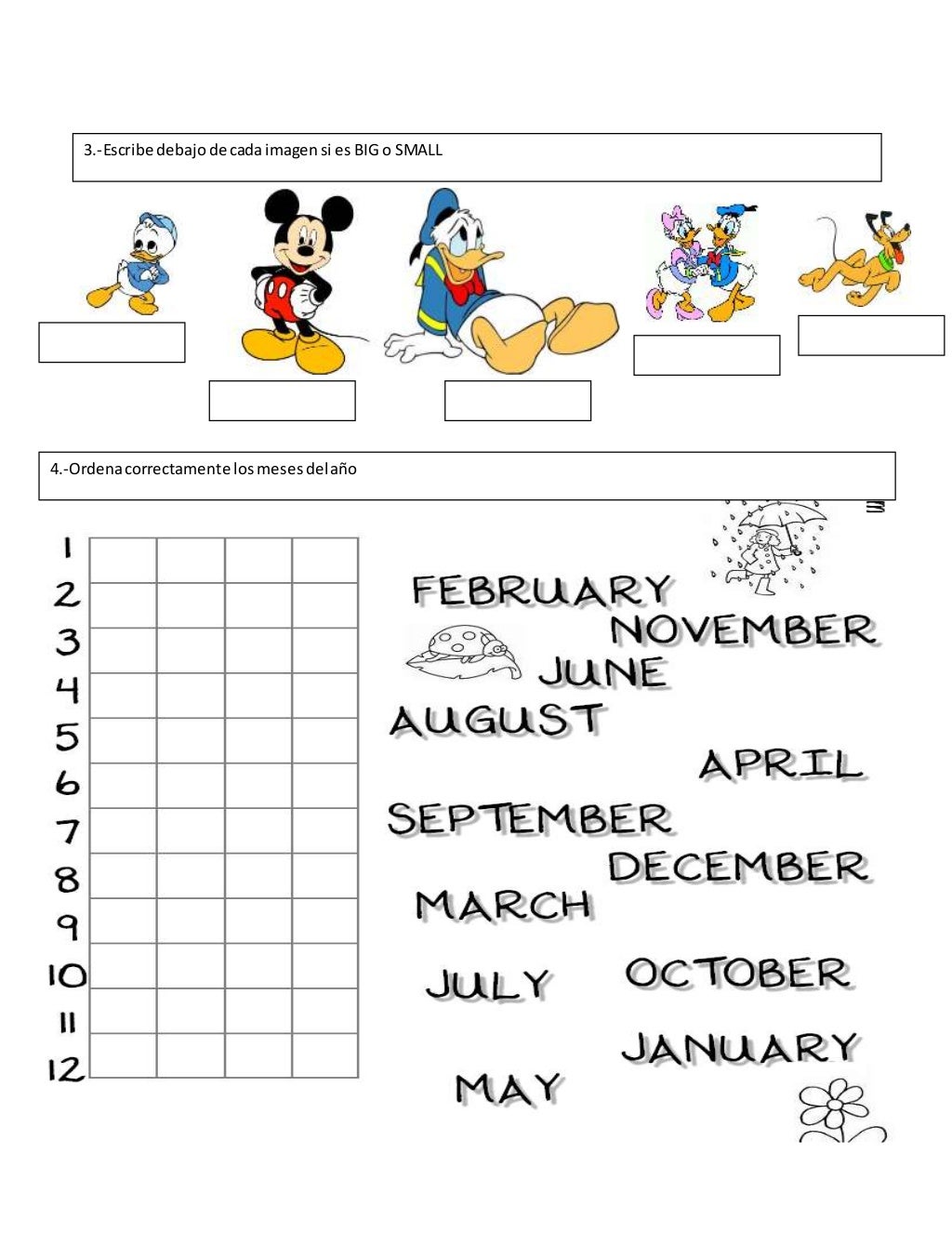 Examen de ingles para primero de primaria, dias de la semana, meses d…