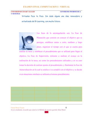 EXAMEN FINAL COMPUTACION I - VIRTUAL
UNIVERSIDAD CESAR VALLEJO CENTRO DE INFORMÁTICA
Y SISTEMAS
Fatima Moran Tavara 6
Joven estudiante, recuerde que usted es la Médula de nuestra querida Alma Mater
UCV
Virtuales Face to Face. Sin duda alguna una idea renovadora y
actualizada del B-Learning, con mucho futuro.
Las fases de la autorregulación son: La Fase de
Planeación que consiste en conocer el objetivo que se
persigue, establecer metas a corto, mediano y largo
plazo, organizar el tiempo con el que se cuenta para
realizar la tarea y establecer el procedimiento que se utilizará para llegar al
objetivo; La Fase de Supervisión, referente a analizar el avance en la
realización de la tarea, así como los procedimientos utilizados y en su caso
tomar la decisión de realizar ajustes al procedimiento; y finalmente la Fase de
Autoevaluación en la cual se analiza si se cumplió con el objetivo y se decide
si en situaciones similares se utilizaría el mismo procedimiento.
 