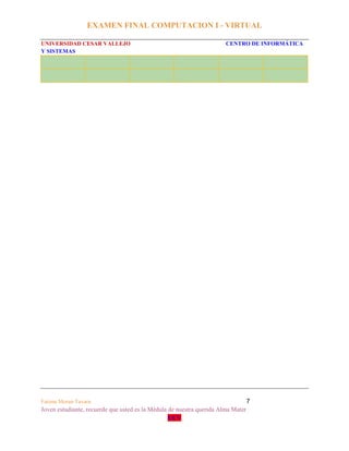 EXAMEN FINAL COMPUTACION I - VIRTUAL
UNIVERSIDAD CESAR VALLEJO CENTRO DE INFORMÁTICA
Y SISTEMAS
Fatima Moran Tavara 7
Joven estudiante, recuerde que usted es la Médula de nuestra querida Alma Mater
UCV
 