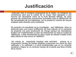 Justificación
 Estimular mas la iniciativa empresarial de la región, es fortalecer las
condiciones para que la ciudad dé un mayor valor agregado a ese
recurso tan abundante como es la fruta llamada Mango, de paso
generar las condiciones económicas favorables para la satisfacción de
las necesidades de sus habitantes, con la puesta en marcha de nuevos
empleos tanto directos como indirectos.

De acuerdo a lo estudiado se ha investigado que Valledupar tiene un
potencial para una mayor producción de fruta natural; en el momento
se presenta una gran producción de mango porque los mandatarios
locales han implementado un plan de arborización en toda la ciudad de
Valledupar, y está arborización ha sido a base de árboles frutales entre
ellos siendo el más común el “MANGO”.

 Así mismo es importante impulsar esta actividad         porque va a
incrementar fuentes de trabajo dirigidas a personas con mano de obra
calificada y no calificada y a otros profesionales que en su conjunto
ayudaran a lograr en su correcto manejo de la planta que lleve al éxito
de la misma.
 