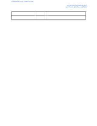 EXAMEN FINAL DE COMPUTACIÓN
UNIVERSIDAD CESAR VALLEJO
CENTRO DE IDIOMAS Y SISTEMAS

 