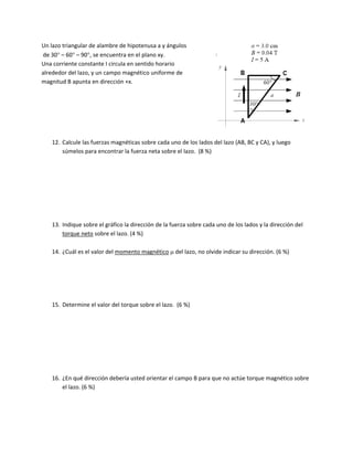Un lazo tr
         riangular de aalambre de hipotenusa a y y ángulos 
 de 30° – 60° – 90°, se encuentra enn el plano xy.  
Una corrieente constante I circula en
                                    n sentido horaario  
alrededorr del lazo, y un campo mag gnético uniforrme de  
magnitud B apunta en dirección +x.  . 
 
 

 

                                                                                                                

    12. Calcule las fuerzas magnéticas sobre cad da uno de los lados del lazo (AB, BC y CA
                                                                                         A), y luego 
        sú
         úmelos para e encontrar la f            obre el lazo.  (8 %) 
                                    fuerza neta so

 

 

 

 

    13. Inndique sobre el gráfico la d
                                     dirección de la fuerza sobrre cada uno de los lados y la dirección del 
                                                                                                        d
        toorque neto soobre el lazo. (4 %) 
         
    14. ¿CCuál es el valo
                        or del momen  nto magnéticco μ del lazo, no olvide indicar su direcc
                                                                                           ción. (6 %) 
         

 

 

    15. Determine el v
                     valor del torque sobre el la
                                                azo.  (6 %) 

 

 

 

 

         En qué direcc
    16. ¿E                           usted orientar el campo B para que no actúe torque
                        ción debería u                                                e magnético sobre 
        el
         l lazo. (6 %) 

 
 