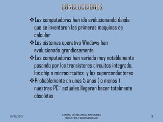 09/12/2015
CENTRO DE RECURSOS NATURALES
INDUSTRIA Y BIODIVERSIDAD
11
Las computadoras han ido evolucionando desde
que se inventaron las primeras maquinas de
calcular
Los sistemas operativo Windows han
evolucionado grandiosamente
Las computadoras han variado muy notablemente
pasando por los transistores circuitos integrado,
los chip o microcircuitos y los superconductores
Probablemente en unos 5 años ( o menos )
nuestras PC` actuales llegaran hacer totalmente
obsoletas
 