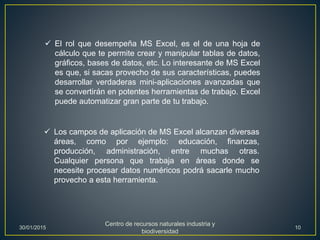  El rol que desempeña MS Excel, es el de una hoja de
cálculo que te permite crear y manipular tablas de datos,
gráficos, bases de datos, etc. Lo interesante de MS Excel
es que, si sacas provecho de sus características, puedes
desarrollar verdaderas mini-aplicaciones avanzadas que
se convertirán en potentes herramientas de trabajo. Excel
puede automatizar gran parte de tu trabajo.
 Los campos de aplicación de MS Excel alcanzan diversas
áreas, como por ejemplo: educación, finanzas,
producción, administración, entre muchas otras.
Cualquier persona que trabaja en áreas donde se
necesite procesar datos numéricos podrá sacarle mucho
provecho a esta herramienta.
30/01/2015
Centro de recursos naturales industria y
biodiversidad
10
 