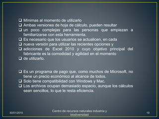  Mínimas al momento de utilizarlo
 Ambas versiones de hoja de cálculo, pueden resultar
 un poco complejas para las personas que empiezan a
familiarizarse con esta herramienta.
 Es necesario que los usuarios se actualicen, en cada
 nueva versión para utilizar las recientes opciones y
 adicciones de Excel 2010 y cuyo objetivo principal del
fabricante es la comodidad y agilidad en el momento
 de utilizarlo.
 Es un programa de pago que, como muchos de Microsoft, no
tiene un precio económico al alcance de todos.
 Solo tiene compatibilidad con Windows y Mac.
 Los archivos ocupan demasiado espacio, aunque los cálculos
sean sencillos, lo que le resta eficiencia.
30/01/2015
Centro de recursos naturales industria y
biodiversidad
19
 