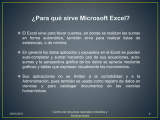  El Excel sirve para llevar cuentas, en donde se realizan las sumas
en forma automática, también sirve para realizar listas de
existencias, o de nómina.
 En general los datos aplicados y expuestos en el Excel se pueden
auto-completar y sumar haciendo uso de sus ecuaciones, auto-
sumas y la perspectiva gráfica de los datos se aprecia mediante
gráficas y tablas que expresan visualmente los movimientos.
 Sus aplicaciones no se limitan a la contabilidad y a la
Administración, pues también es usada como registro de datos en
ciencias y para catalogar documentos en las ciencias
humanísticas.
30/01/2015
Centro de recursos naturales industria y
biodiversidad
8
 
