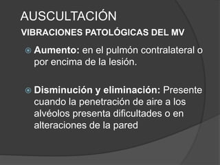 AUSCULTACIÓN
VIBRACIONES PATOLÓGICAS DEL MV
 Aumento: en el pulmón contralateral o
por encima de la lesión.
 Disminución y eliminación: Presente
cuando la penetración de aire a los
alvéolos presenta dificultades o en
alteraciones de la pared
 