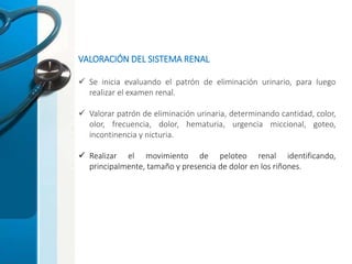 VALORACIÓN DEL SISTEMA RENAL
 Se inicia evaluando el patrón de eliminación urinario, para luego
realizar el examen renal.
 Valorar patrón de eliminación urinaria, determinando cantidad, color,
olor, frecuencia, dolor, hematuria, urgencia miccional, goteo,
incontinencia y nicturia.
 Realizar el movimiento de peloteo renal identificando,
principalmente, tamaño y presencia de dolor en los riñones.
 