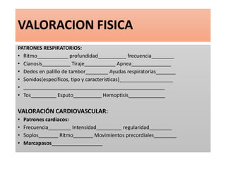 VALORACION FISICA
PATRONES RESPIRATORIOS:
• Ritmo___________ profundidad__________ frecuencia________
• Cianosis__________ Tiraje___________ Apnea______________
• Dedos en palillo de tambor________ Ayudas respiratorias_______
• Sonidos(específicos, tipo y características)___________________
• __________________________________________________
• Tos_________ Esputo__________ Hemoptisis_____________
VALORACIÓN CARDIOVASCULAR:
• Patrones cardiacos:
• Frecuencia________ Intensidad_________ regularidad________
• Soplos_______ Ritmo_______ Movimientos precordiales________
• Marcapasos__________________
 