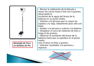 - Revisar la calibración de la báscula y
mover los carros hasta 0 kilo con 0 gramos,
observando la
oscilación de la aguja del brazo de la
balanza en su punto medio.
- Solicitar a la persona que se saque los
zapatos y la ropa, (idealmente pese sólo con
bata).
- Ayúdar a la persona a subirse a la balanza.
- Desplazar el carro de medición de kilos y
luego el de gramos.
Medición de PesoMedición de PesoMedición de PesoMedición de Peso
en Balanza de Pieen Balanza de Pieen Balanza de Pieen Balanza de Pie
luego el de gramos.
- Observar la oscilación del brazo de la
balanza hasta que se equilibre en el punto
medio.
Leer el peso en kilos y gramos.
- Informar resultados a la persona y
registrar.
 