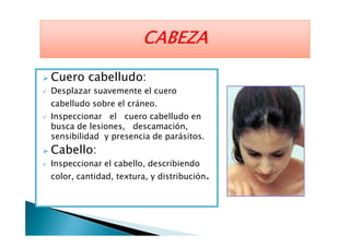 Cuero cabelludo:
Desplazar suavemente el cuero
cabelludo sobre el cráneo.
Inspeccionar el cuero cabelludo en
busca de lesiones, descamación,busca de lesiones, descamación,
sensibilidad y presencia de parásitos.
Cabello:
Inspeccionar el cabello, describiendo
color, cantidad, textura, y distribución.
 