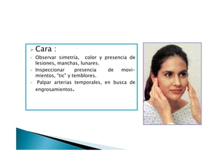 Cara :
Observar simetría, color y presencia de
lesiones, manchas, lunares.
Inspeccionar presencia de movi-
mientos, "tic" y temblores.
Palpar arterias temporales, en busca de
engrosamientos.
 