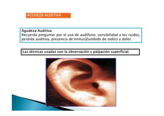 AGUDEZA AUDITIVAAGUDEZA AUDITIVAAGUDEZA AUDITIVAAGUDEZA AUDITIVA
AgudezaAgudezaAgudezaAgudeza AuditivaAuditivaAuditivaAuditiva
Recuerda preguntar por el uso de audífono, sensibilidad a los ruidos,
perdida auditiva, presencia de tinitus(Zumbido de oidos) y dolor.
Las técnicas usadas son la observación y palpación superficial.Las técnicas usadas son la observación y palpación superficial.Las técnicas usadas son la observación y palpación superficial.Las técnicas usadas son la observación y palpación superficial.
 