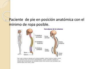 • Paciente de pie en posición anatómica con el
mínimo de ropa posible.
 