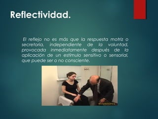 Reflectividad.
El reflejo no es más que la respuesta motriz o
secretoria, independiente de la voluntad,
provocada inmediatamente después de la
aplicación de un estímulo sensitivo o sensorial,
que puede ser o no consciente.
 