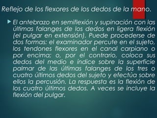 Reflejo de los flexores de los dedos de la mano.
 El antebrazo en semiflexión y supinación con las
últimas falanges de los dedos en ligera flexión
(el pulgar en extensión). Puede procederse de
dos formas: el examinador percute en el sujeto,
los tendones flexores en el canal carpiano o
por encima; o, por el contrario, coloca sus
dedos del medio e índice sobre la superficie
palmar de las últimas falanges de los tres o
cuatro últimos dedos del sujeto y efectúa sobre
ellos la percusión. La respuesta es la flexión de
los cuatro últimos dedos. A veces se incluye la
flexión del pulgar.
 