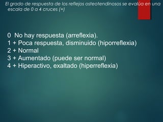 El grado de respuesta de los reflejos osteotendinosos se evalúa en una
escala de 0 a 4 cruces (+)
0 No hay respuesta (arreflexia).
1 + Poca respuesta, disminuido (hiporreflexia)
2 + Normal
3 + Aumentado (puede ser normal)
4 + Hiperactivo, exaltado (hiperreflexia)
 