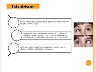 Estrabismo

Uno o ambos ojos pueden estar desviados hacia adentro,
afuera, arriba, abajo.

El examen de los movimientos oculares confirma la
asimetría de los mismos y aun la imposibilidad de un
movimiento normal al lado opuesto de la desviación.

Además del profundo trastorno estético puede haber:
dolores oculares, cefalgias, y diplopías

 