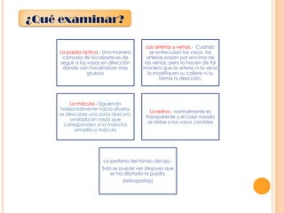¿Qué examinar?
La papila óptica.- Una manera
cómoda de localizarla es de
seguir a los vasos en dirección
donde van haciéndose mas
gruesos

Las arterias y venas.- Cuando
se entrecuzan los vasos, las
arterias pasan por encima de
las venas, pero lo hacen de tal
manera que la arteria ni la vena
lo modifiquen su calibre ni su
forma ni dirección.

La mácula.- Siguiendo
horizontalmente hacia afuera,
se descubre una zona obscura,
ovalada sin vasos que
corresponden a la mancha
amarilla o mácula

La retina.- normalmente es
trasnparente y el color rosado
se debe a los vasos coroides

La periferia del fondo del ojo.Solo se puede ver despues que
se ha dilatado la pupila.

(retinopatías)

 