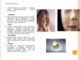 SECRECIONES:


Normalmente es escasa y acuosa
pero
patológicamente
puede
modificarse

Cantidad:
Lo mas frecuente es que aumente hasta
obligar al uso del pañuelo, en caso
de rinitis ,gripe, alergias y gases
irritantes, que vienen acompañados
de estornudos frecuentes

Color:
se inician produciendo una secreción
serosa e incolora producidas por
resfriados ,alergias y irritantes pero
después se pueden tornar de color
amarillo , amarillo verdoso, purulento,
en sinusitis, fracturas del cráneo

Viscosidad:
las secreciones serosa suelen ser muy
fluidas algo menos las purulentas
estas secreciones suelen ser de mal
olor

Horario:
en todos los procesos inflamatorios
tumorales y cuerpos extraños la
secreción es frecuente , per en
sinusitis frontales suele ser mas
abundantes en la mañana


 