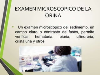 EXAMEN MICROSCOPICO DE LA
ORINA
• Un examen microscópico del sedimento, en
campo claro o contraste de fases, permite
verificar hematuria, piuria, cilindruria,
cristaluria y otros
 