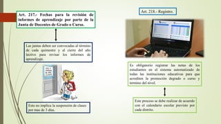 Art. 217.- Fechas para la revisión de
informes de aprendizaje por parte de la
Junta de Docentes de Grado o Curso.
Las juntas deben ser convocadas al término
de cada quimestre y al cierre del año
lectivo para revisar los informes de
aprendizaje.
Esto no implica la suspensión de clases
por mas de 3 días.
Este proceso se debe realizar de acuerdo
con el calendario escolar previsto por
cada distrito.
Art. 218.- Registro.
Es obligatorio registrar las notas de los
estudiantes en el sistema automatizado de
todas las instituciones educativas para que
acrediten la promoción degrado o curso y
termino del nivel.
 