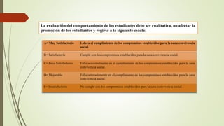 La evaluación del comportamiento de los estudiantes debe ser cualitativa, no afectar la
promoción de los estudiantes y regirse a la siguiente escala:
A= Muy Satisfactorio Lidera el cumplimiento de los compromisos establecidos para la sana convivencia
social.
B= Satisfactorio Cumple con los compromisos establecidos para la sana convivencia social.
C= Poco Satisfactorio Falla ocasionalmente en el cumplimiento de los compromisos establecidos para la sana
convivencia social.
D= Mejorable Falla reiteradamente en el cumplimiento de los compromisos establecidos para la sana
convivencia social.
E= Insatisfactorio No cumple con los compromisos establecidos para la sana convivencia social.
 