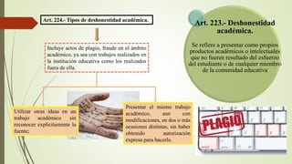 Art. 223.- Deshonestidad
académica.
Se refiere a presentar como propios
productos académicos o intelectuales
que no fueren resultado del esfuerzo
del estudiante o de cualquier miembro
de la comunidad educativa
Art. 224.- Tipos de deshonestidad académica.
Incluye actos de plagio, fraude en el ámbito
académico, ya sea con trabajos realizados en
la institución educativa como los realizados
fuera de ella.
Utilizar otras ideas en un
trabajo académico sin
reconocer explícitamente la
fuente;
Presentar el mismo trabajo
académico, aun con
modificaciones, en dos o más
ocasiones distintas, sin haber
obtenido autorización
expresa para hacerlo.
 