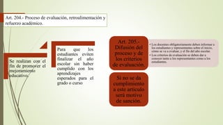 Se realizan con el
fin de promover el
mejoramiento
educativo.
Para que los
estudiantes eviten
finalizar el año
escolar sin haber
cumplido con los
aprendizajes
esperados para el
grado o curso
Art. 204.- Proceso de evaluación, retroalimentación y
refuerzo académico.
• Los docentes obligatoriamente deben informar a
los estudiantes y representantes sobre el inicio,
cómo se va a evaluar, y el fin del año escolar.
• Los criterios de evaluación se deben dar a
conocer tanto a los representantes como a los
estudiantes.
Art. 205.-
Difusión del
proceso y de
los criterios
de evaluación.
Si no se da
cumplimiento
a este articulo
será motivo
de sanción.
 