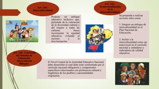 Propone un enfoque
educativo inclusivo que,
partiendo de la valoración
de la diversidad cultural y
del respeto a todas las
culturas, busca
incrementar la equidad
educativa, evitando el
racismo y la
discriminación.
Art. 243.-
Interculturalidad
Se propende a realizar
acciones tales como:
1. Integrar un enfoque de
interculturalidad en el
Plan Nacional de
Educación;
2. Incluir a la
interculturalidad como eje
transversal en el currículo
nacional y estándares y
indicadores de calidad
educativa.
Art. 244.-
Transversalización
de la
interculturalidad.
El Nivel Central de la Autoridad Educativa Nacional
debe desarrollar el cual debe estar conformado por el
currículo nacional obligatorio y componentes
específicos relacionados con pertinencia cultural y
lingüística de los pueblos y nacionalidades
originarios.
Art. 245.- Currículo
del Sistema de
Educación
Intercultural
Bilingüe.
 