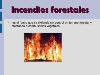 Incendios forestalesIncendios forestales
● es el fuego que se extiende sin control en terreno forestal y
afectando a combustibles vegetales.
 