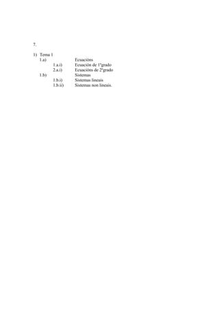 7.
1) Tema 1
1.a)
1.a.i)
2.a.i)
1.b)
1.b.i)
1.b.ii)

Ecuacións
Ecuación de 1ºgrado
Ecuacións de 2ºgrado
Sistemas
Sistemas lineais
Sistemas non lineais.

 