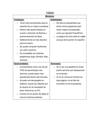F.O.D.A
Mindomo
Fortalezas:
o Tiene más herramientas para la
creación de un mapa conceptual.
o Ofrece más oportunidades en
cuanto a dirección de flechas y
posicionamiento de ideas.
o Estéticamente es más atractivo
para el usuario.
o Se puede compartir fácilmente
con otros usuarios.
o Es compatible con distintas
plataformas (Ipad, Window, Mac,
Android)
Debilidades:
o No tiene la popularidad que
tienen otros programas para
hacer mapas conceptuales,
como por ejemplo PowerPoint.
o La página de inicio está en inglés
aunque de la opción en español.
Oportunidades:
o Al presentarse como una de las
TICS de aprendizaje a los
alumnos, puede lograr más
popularidad dentro del mercado.
o Al poder ser descargado en
Softonic, puede ser utilizado por
el usuario sin la necesidad de
tener Internet en su PC.
o Cuenta con la opción de elegir al
menos 9 idiomas distintos
Amenazas:
o Al no ser una plataforma social
podría terminar por desaparecer
en el tiempo.
o Si no se conoce el nombre de
esta página, no es fácil de
encontrar en los buscadores.
 
