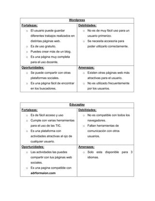 Wordpress
Fortalezas:
o El usuario puede guardar
diferentes trabajos realizados en
distintas páginas web.
o Es de uso gratuito.
o Puedes crear más de un blog.
o Es una página muy completa
para el uso docente.
Debilidades:
o No es de muy fácil uso para un
usuario primerizo.
o Se necesita accesoria para
poder utilizarlo correctamente.
Oportunidades:
o Se puede compartir con otras
plataformas sociales.
o Es una página fácil de encontrar
en los buscadores.
Amenazas:
o Existen otras páginas web más
atractivas para el usuario.
o No es utilizado frecuentemente
por los usuarios.
Educaplay
Fortalezas:
o Es de fácil acceso y uso
o Cumple con varias herramientas
para el uso de las TIC.
o Es una plataforma con
actividades atractivas al ojo de
cualquier usuario.
Debilidades:
o No es compatible con todos los
navegadores.
o Faltan herramientas de
comunicación con otros
usuarios.
Oportunidades:
o Las actividades las puedes
compartir con tus páginas web
sociales.
o Es una pagina compatible con
adrformaion.com
Amenazas:
o Solo esta disponible para 3
idiomas.
 