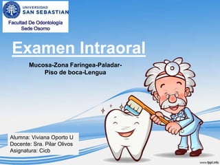 Examen Intraoral
       Mucosa-Zona Faríngea-Paladar-
           Piso de boca-Lengua




Alumna: Viviana Oporto U
Docente: Sra. Pilar Olivos
Asignatura: Cicb
 