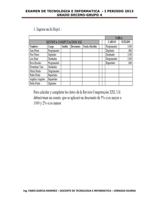 EXAMEN DE TECNOLOGIA E INFORMATICA - I PERIODO 2013
GRADO DECIMO-GRUPO 4
Ing. FABIO GARCIA RAMIREZ – DOCENTE DE TECNOLOGIA E INFORMATICA – JORNADA DIURNA