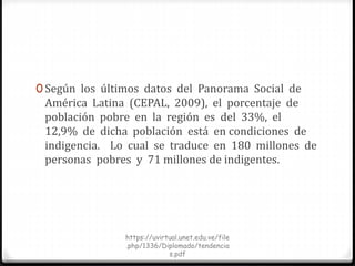 0 Según los últimos datos del Panorama Social de
América Latina (CEPAL, 2009), el porcentaje de
población pobre en la región es del 33%, el
12,9% de dicha población está en condiciones de
indigencia. Lo cual se traduce en 180 millones de
personas pobres y 71 millones de indigentes.
https://uvirtual.unet.edu.ve/file
.php/1336/Diplomado/tendencia
s.pdf
 