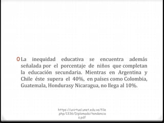 0 La inequidad educativa se encuentra además
señalada por el porcentaje de niños que completan
la educación secundaria. Mientras en Argentina y
Chile éste supera el 40%, en países como Colombia,
Guatemala, Hondurasy Nicaragua, no llega al 10%.
https://uvirtual.unet.edu.ve/file
.php/1336/Diplomado/tendencia
s.pdf
 