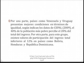 0 Por una parte, países como Venezuela y Uruguay
presentan mejores condiciones en términos de
igualdad, según indican los datos de CEPAL (2009), el
40% de la población más pobre percibe el 20% del
total del ingreso. Por otra parte, para este grupo,
existen valores de participación del ingreso total
inferiores al 12% en países como Bolivia,
Honduras y República Dominicana.
https://uvirtual.unet.edu.ve/file
.php/1336/Diplomado/tendencia
s.pdf
 