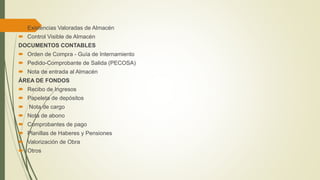  Existencias Valoradas de Almacén
 Control Visible de Almacén
DOCUMENTOS CONTABLES
 Orden de Compra - Guía de Internamiento
 Pedido-Comprobante de Salida (PECOSA)
 Nota de entrada al Almacén
ÁREA DE FONDOS
 Recibo de Ingresos
 Papeleta de depósitos
 Nota de cargo
 Nota de abono
 Comprobantes de pago
 Planillas de Haberes y Pensiones
 Valorización de Obra
 Otros
 