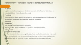 INSTRUCTIVO N°04 CRITERIO DE VALUACION DE RECURSOS NATURALES
OBJETIVO
Ampliar y precisar los conceptos para el tratamiento contable de los Recursos Naturales en las
entidades del Sector Público (Excepto Empresas).
FINALIDAD
Uniformar criterios para la valuación de los Recursos Naturales que pertenecen a las entidades del
Sector Público, presentando razonablemente su valor en los Estados
Financieros.
BASE LEGAL
- Ley Nº 24680 Sistema Nacional de Contabilidad
- Resolución CNC. Nº 010-97-EF/93.01 que aprueba el Nuevo Plan Contable
Gubernamental .
CONCEPTOS GENERALES
- Los recursos naturales, o activos agotables, son todos aquellos bienes obtenidos en su estado
natural cuya explotación en el transcurso del tiempo disminuye su valor, y cuya recuperación en
algunos casos se da por un acto de la misma naturaleza y en períodos largos de tiempo.
 