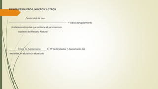 BIENES PESQUEROS, MINEROS Y OTROS
Costo total del bien
--------------------------------------------------------------------------- = Índice de Agotamiento
Unidades estimadas que contiene el yacimiento o
depósito del Recurso Natural
Índice de Agotamiento X Nº de Unidades = Agotamiento del
extraídas en el período el período
 