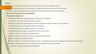 Método
La elaboración del Estado de Flujos de Efectivo se efectuará usando el Método Directo.
Este método provee información que puede ser útil para estimar flujos de efectivo futuros y revela
información sobre las grandes clases de entradas y salidas brutas de efectivo o su equivalente.
Criterios de Clasificación de las Actividades
Actividades de Operación
 Entradas de efectivo por cobro de tasas, contribuciones e impuestos.
 Entradas de efectivo por venta de bienes y servicios.
 Entradas de efectivo por transferencias corrientes recibidas del tesoro público y otros organismos.
 Entradas de efectivo por donaciones corrientes recibidas.
 Entradas de efectivo por regalías, honorarios, comisiones.
 Salidas de efectivo por pago a proveedores de bienes y servicios.
 Salidas de efectivo por pago de remuneraciones.
 Entradas o salida de efectivo por primas de seguro y reclamaciones.
 Salidas de efectivo por pago de tributos.
 Salidas de efectivo por reversiones al Tesoro público y Transferencias corrientes entregadas a otros organismos públicos.
 Entradas o salidas de efectivo por cumplimiento de contratos con fines comerciales.
 Los valores y préstamos con fines de negociación
 
