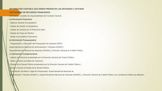 INFORMACIÓN CONTABLE QUE DEBEN PRESENTAR LAS ENTIDADES U OFICINAS
CAPTADORAS DE RECURSOS FINANCIEROS:
Información Contable de responsabilidad del Contador General
a) Información Financiera
- Balance General (Comparativo)
- Estado de Gestión (Comparativo)
- Estado de Cambios en el Patrimonio Neto
- Estado de Flujos de Efectivo
- Notas a los Estados Financieros
b) Información Presupuestaria
- Programación y Ejecución del Presupuesto de Ingresos (PEPI):
Superintendencia Nacional de Administración Tributaria (SUNAT),
Superintendencia Nacional de Aduanas (SUNAD) y Dirección General de Crédito Público.
c) Información Complementaria
- Estado de Tesorería (presentado por la Dirección General del Tesoro Público.
- Notas y Anexos al Estado de Tesorería.
- Estado de la Deuda Pública (presentado por la Dirección General de Crédito Público ).
- Notas y Anexos al Estado de la Deuda Pública.
- Conciliación del Marco Legal de Presupuesto: Superintendencia Nacional de
Administración Tributaria (SUNAT) y Superintendencia Nacional de Aduanas (SUNAD), y Dirección General de Crédito Público con Contaduría Pública de laNación.
 