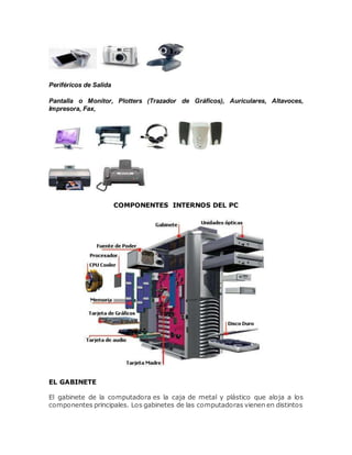 Periféricos de Salida
Pantalla o Monitor, Plotters (Trazador de Gráficos), Auriculares, Altavoces,
Impresora, Fax,
COMPONENTES INTERNOS DEL PC
EL GABINETE
El gabinete de la computadora es la caja de metal y plástico que aloja a los
componentes principales. Los gabinetes de las computadoras vienen en distintos
 